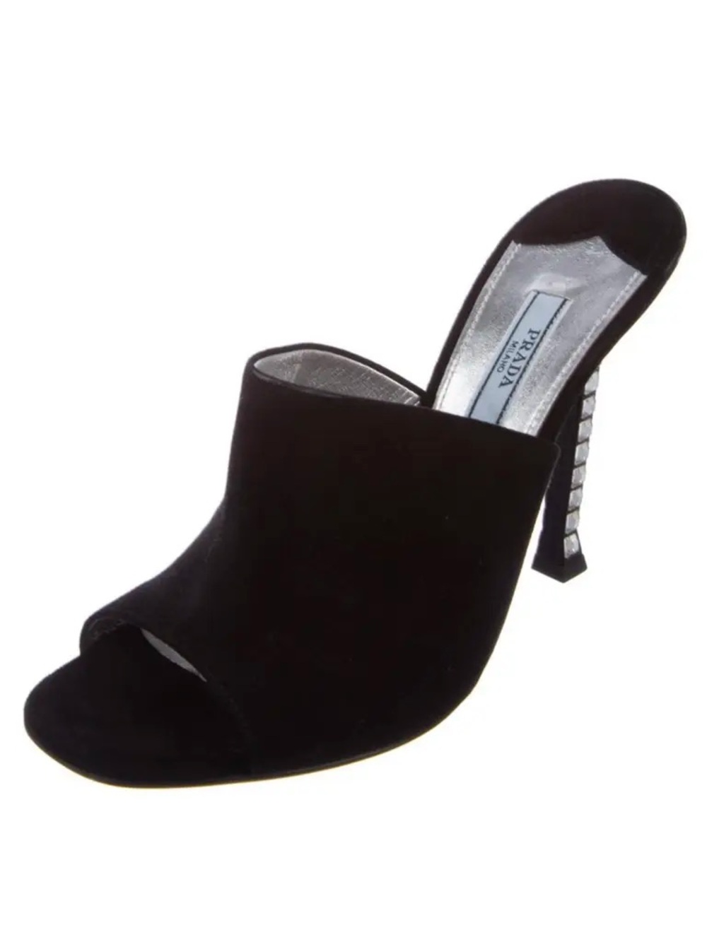 Prada Black Suede Open-Toe Mule with Sculpted Crystal-Accented Heel